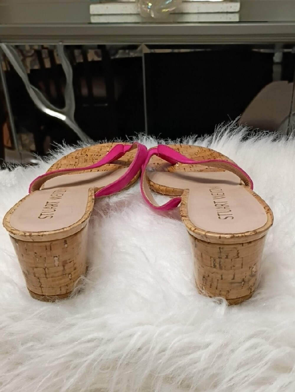 Stuart Weitzman Brigida Fuchsia Cork Block Heel Thong Mules Sandals 7.5 - Picture 11 of 15
